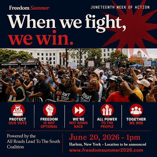 civilrightsorg's tweet photo. This Juneteenth, Harlem gathers in defense of Black freedom and democracy.
 
Join us June 20 at 1 PM. Powered by All Roads Lead to the South. https://t.co/AZmRAjRAB3
 
#WhenWeFightWeWin #FreedomSummer2026 #Juneteenth #Harlem https://t.co/djNPfDLias