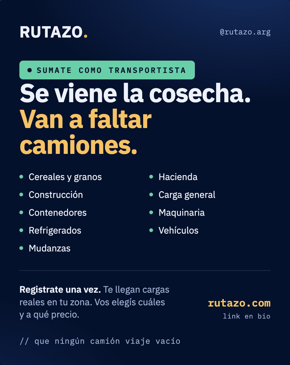 rutazo_arg's tweet photo. En Rutazo estamos sumando transportistas de todas las categorías, antes de que explote:
🌾 Cereales y granos · 🐄 Hacienda · 🏗️ Construcción · 📦 Carga general y contenedores · 🚜 Maquinaria · ❄️ Refrigerados · 🚗 Vehículos · 📦 Mudanzas

👉 Registrate en https://t.co/wHJgTeht37 https://t.co/vMEfXsEN1C
