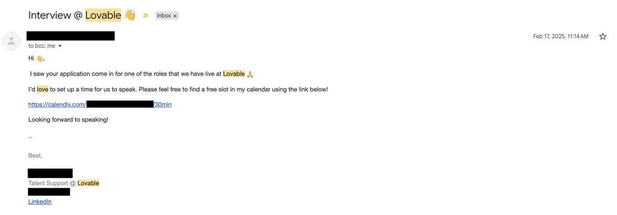 zhalyn2001's tweet photo. Everyone’s out here sharing their generational fumbles with @cursor_ai

Got this interview invite from @Lovable 
in early 2025 and it went straight to spam 😭

(not sure if it qualifies as generational but it still hurts) https://t.co/PWHP1vf5lK