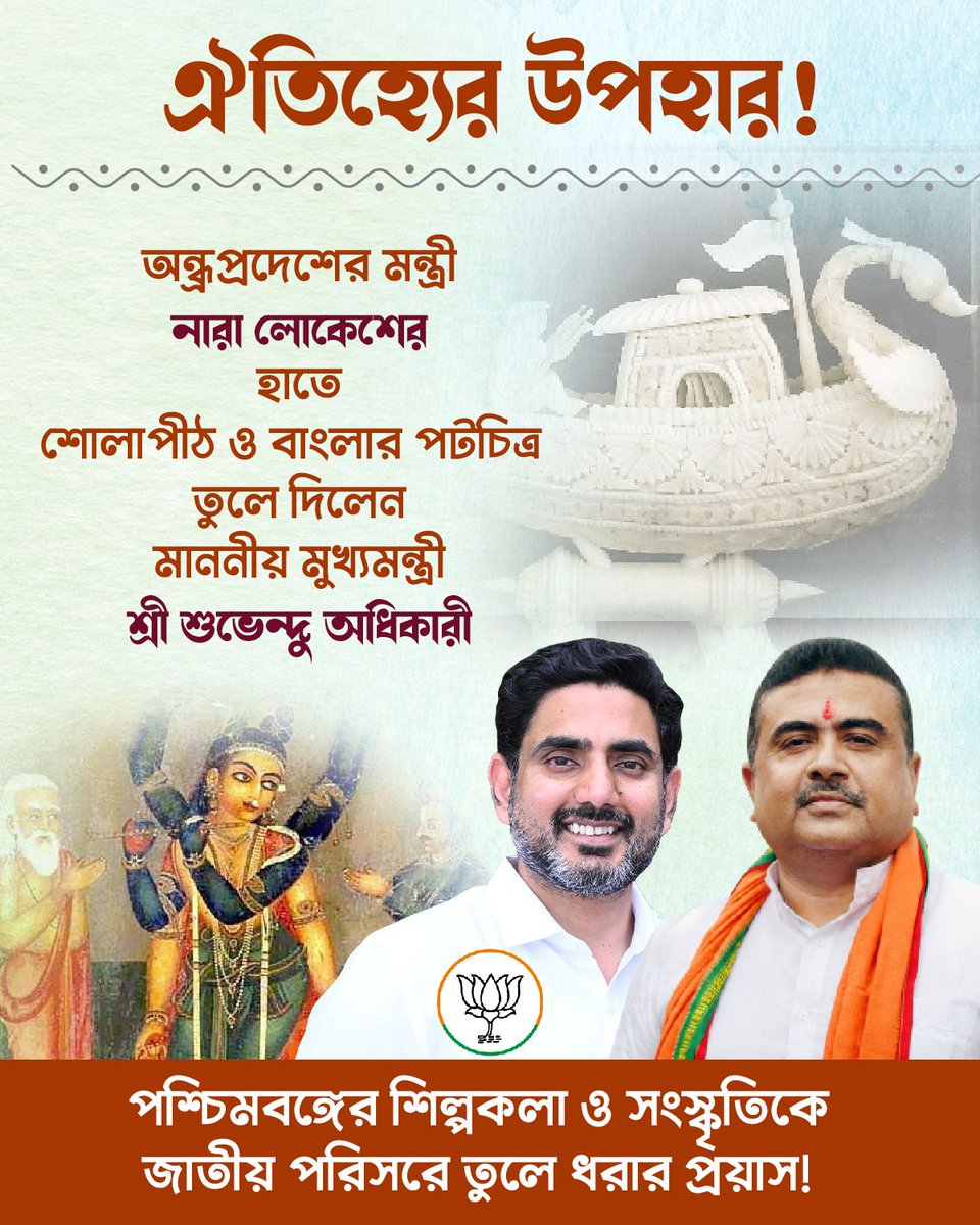 RajputSoumyajit's tweet photo. Andhra Pradesh এর মন্ত্রী নারা লোকেশের হাতে শোলাপীঠ ও বাংলার পটচিত্র  তুলে দিলেন আমাদের মাননীয় মুখ্যমন্ত্রী শুভেন্দু অধিকারী মহাশয়।।

@SuvenduWB 
@BJP4Bengal

#SuvenduAdhikari #digitalyoddha #followerseveryone #bjp4birbhum #BJP4ViksitBharat #BJP4Indore https://t.co/9ew6h59lIh