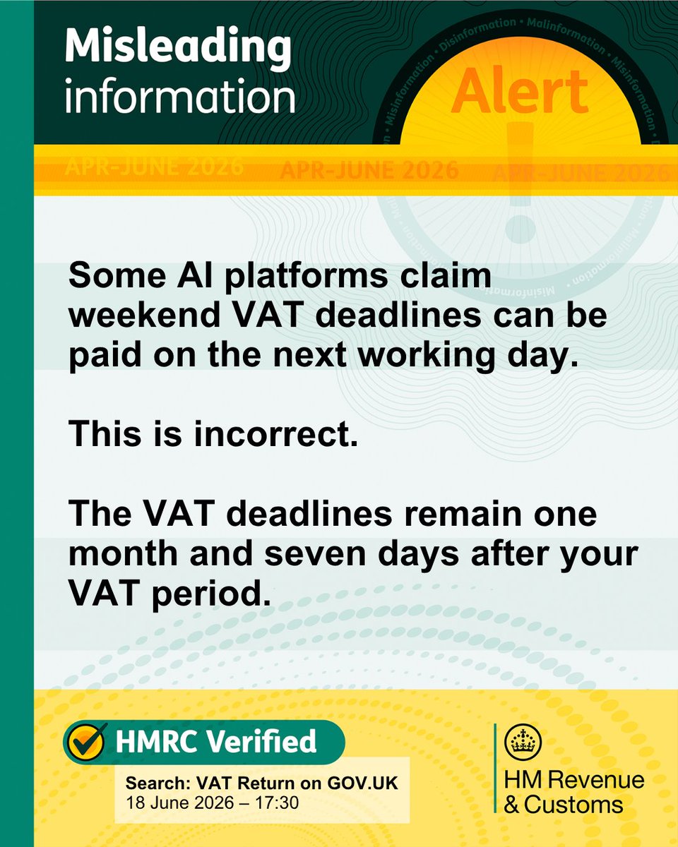HMRCgovuk's tweet photo. Not all online advice is accurate.

Submitting your VAT return late can lead to penalties, and late payments can accrue additional interest. 

Always check official guidance rather than relying on AI summaries.

Find out more. 👇 

https://t.co/YHguvtd0HB

#HMRCVerified https://t.co/2a7A0eN7VR