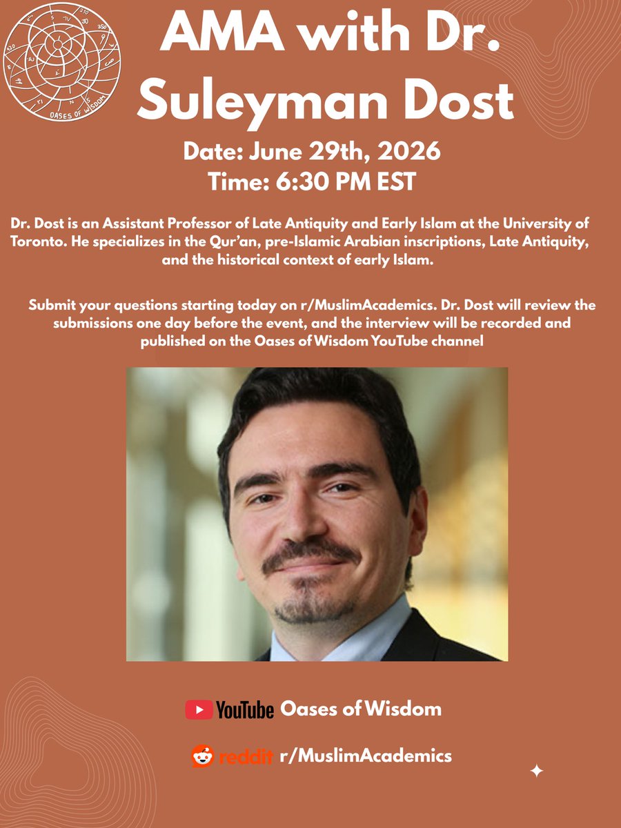 dmontetheno1's tweet photo. @the_qadrii and I are happy to announce that we’ll be conducting a special video AMA with Dr. Suleyman Dost on our @oasis_wisdom YouTube channel! You can submit your questions over at r/MuslimAcademics (@MuslimAcademics) beginning on the 26th! 

Links are below! https://t.co/mLai58n8gu