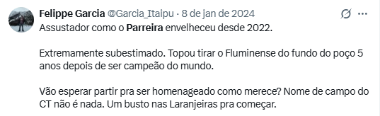 Garcia_Itaipu's tweet photo. Já tem um tempinho que falo sobre homenagear o Parreira em vida. 

Homenagem de verdade, não nomezinho de campo no CT ou plaquinha no museu que até o Marcão tem. Depois não adianta fazer ceninha.

Parreira impediu a morte do Fluminense. Registre-se para a eternidade. https://t.co/OA5B4bBkpM