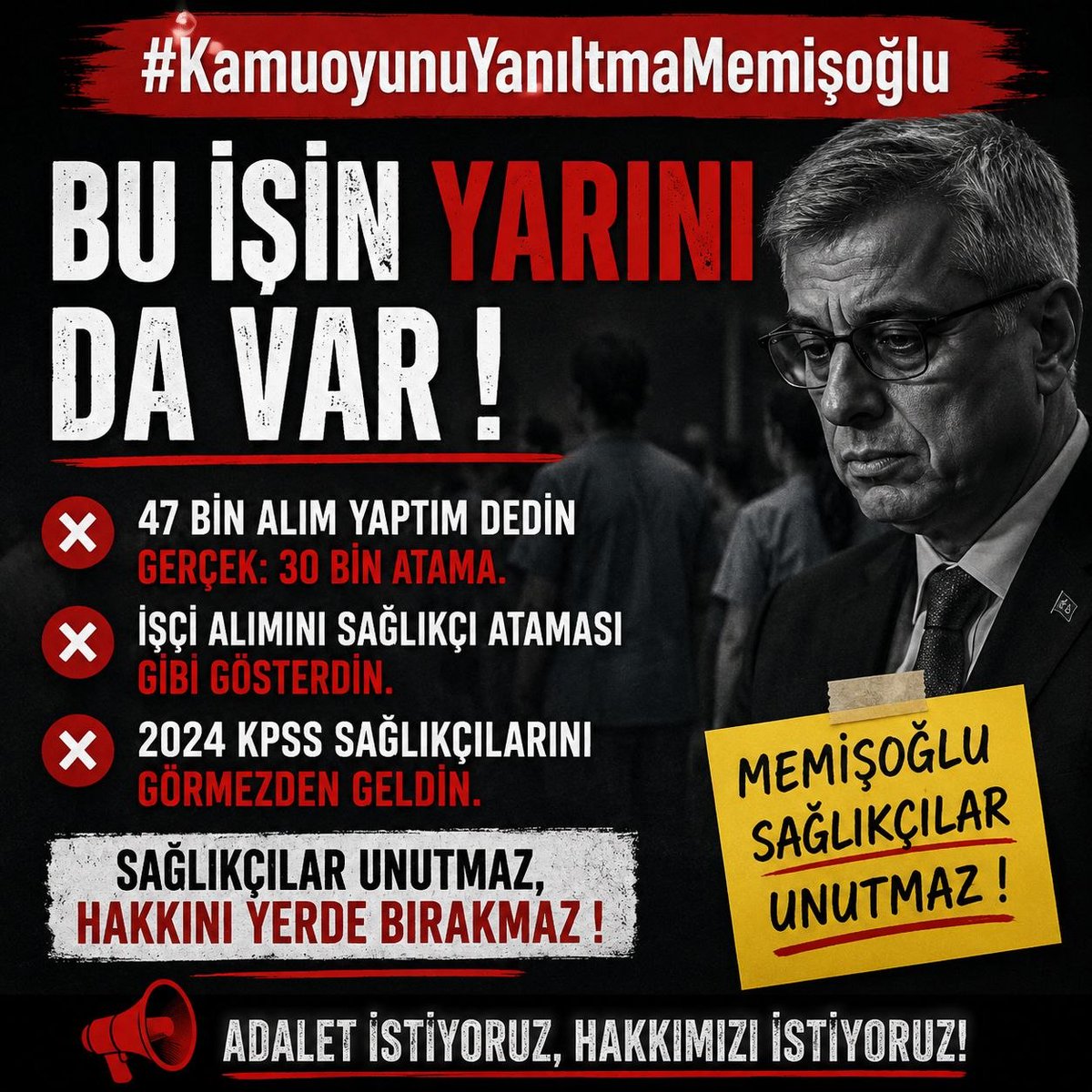 prmgul2024's tweet photo. Hakaret değil, adalet ve şeffaflık istiyoruz. 2024 KPSS puanı olan yüz binlerce sağlıkçı tek bir atamayla sınırlandırılamaz. Atama sayıları konusundaki resmi açıklamaların gerçeklerle uyuşmasını bekliyoruz. #KamuoyunuYanıltmaMemişoğlu https://t.co/ACwooiiz92