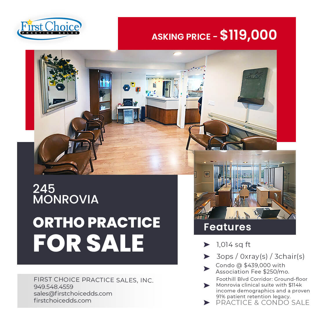 FirstChoicePS's tweet photo. 📈 LISTING UPDATE: Streetside Orthodontic Practice in Monrovia! (Ref #26-245) 🦷💥

🎯 Pure FFS/PPO Patient Profile—no HMO or Denti-Cal! 🏢 3 Ops (3 chairs) | 1,014 sq. ft. streetside layout with great visibility 
💰 Real Estate option available—be your own landlord! 
🚗 High-income SGV demographics + excellent parking
Retiring seller with deep community goodwill. Fantastic specialty setup! 🚀

Price: $119,000

Specs: https://t.co/gTRuviIANd

First Choice Practice Sales, Inc. 
📞 949-548-4559 
📧 sales@firstchoicedds.com 
🌐 https://t.co/homLDDSeUX

#MonroviaDentist #MonroviaOrthodontist #SanGabrielValleyDentist #DentalPracticeForSale #TurnkeyDental