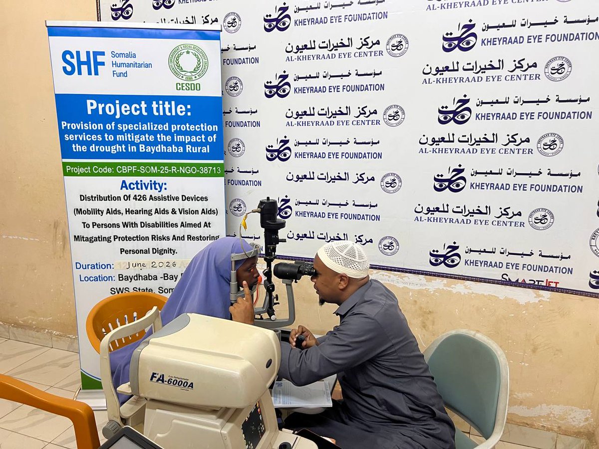 CESDOORG's tweet photo. Through its #SHF-funded protection project,CESDO is supporting eye examinations and assistive device assessments for persons with disabilities in #Baidoa,promoting accessibility,dignity,&amp; meaningful inclusion in humanitarian assistance.
#CESDO #Protection #DisabilityInclusion https://t.co/M5tlN7hsVq