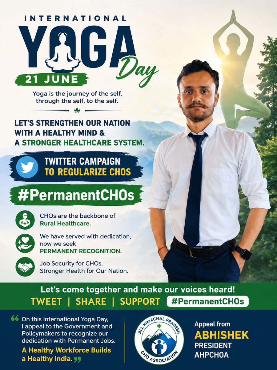Ahpacho022's tweet photo. Dear CHOs, 💐

On this upcoming 
International Yoga Day, 21 June, let us unite for a healthier nation and a stronger healthcare workforce.
I appeal to all Community Health Officers of Himachal Pradesh to actively participate in the Twitter campaign for the regularization of CHOs https://t.co/FpAkHlb3N6