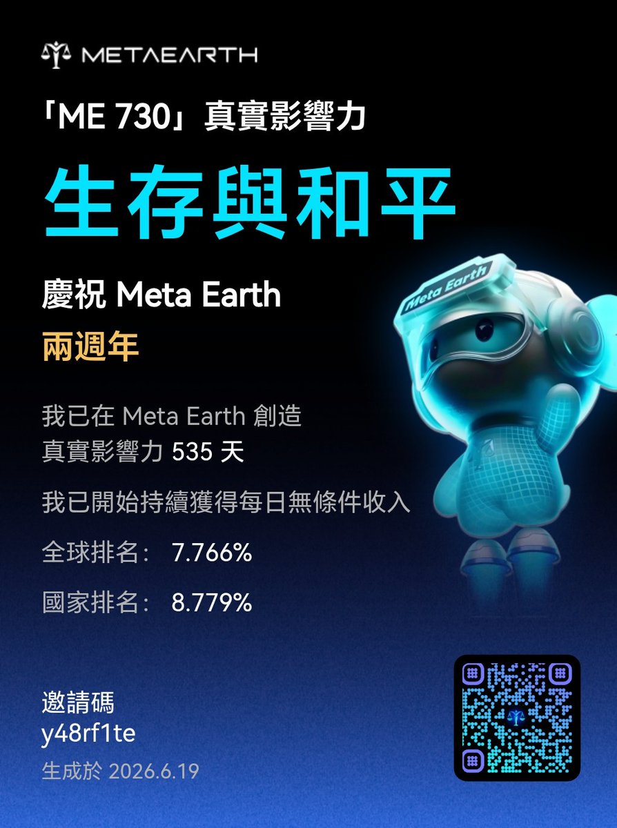 wfl625's tweet photo. 「ME 730」：真實影響力 我已開始持續獲得每日無條件收入，正在幫助更多人獲得每日收入，你也可以創造你的影響力。我們一起贏取2萬美金助力獎！點此加入： https://t.co/ZOunCzmlG1 #ME730 #MetaEarth #MyMetaEarthStory https://t.co/1Ho9ejn8Vu