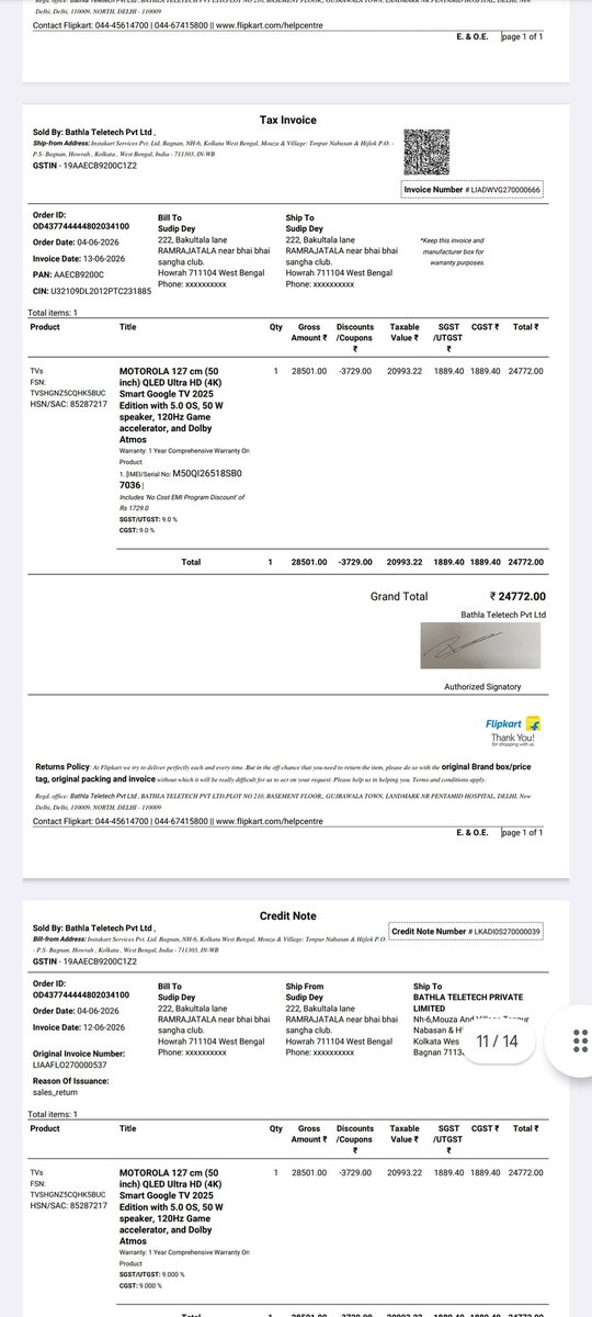 iSudipD's tweet photo. Hello @Moto I have bought a 50inch tv from Flipkart on 15.06.26..At 1st 1 tv received full defective that installation not happen then they replaced d same then also in this tv strange things are happening,it is working automatically,remote is not working.Please take ur tv back🙏 https://t.co/6G6TSSjVan