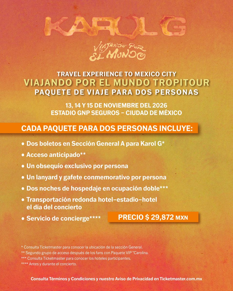 ocesa_total's tweet photo. Conoce el Travel Experience to Mexico City para Karol G Viajando por el Mundo Tropitour  este 13, 14 y 15 de noviembre en el Estadio GNP Seguros. 🌴🍹

🎟️ Boletos en @Ticketmaster_Me 
https://t.co/QLYsab2W9N https://t.co/v6hRtkNpSJ