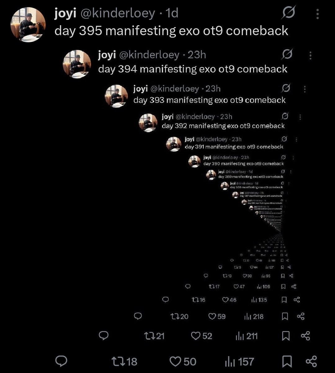 kinderloey's tweet photo. day 396 manifesting exo ot9 comeback https://t.co/oldg6s5MZD