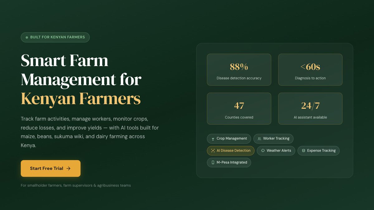 AgriAIKenya's tweet photo. Farm smarter this Sep-Dec season. Select Maize + your planting date and your county , and our app maps your entire season's spray windows and harvest dates based on your county's climate.

Lock in your Founding Member status today and get Pro features FREE for life.