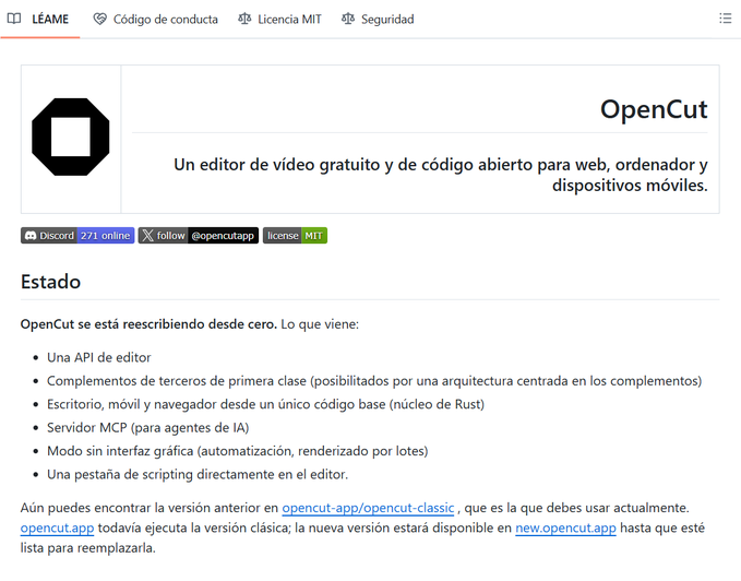 Marco_Exito's tweet photo. 🚨 ALGUIEN ACABA DE DECLARARLE LA GUERRA A CAPCUT.

Mientras CapCut te cobra suscripciones, bloquea funciones y llena tus videos de marcas de agua...

Un grupo de desarrolladores construyó una alternativa totalmente gratuita y open source.

55.000+ estrellas en GitHub. ⭐

✅ Sin marcas de agua
✅ Sin paywalls
✅ Web, escritorio y móvil
✅ Compatible con agentes de IA
✅ Licencia MIT

Y lo más loco:

Lo están reescribiendo desde cero en Rust para convertirlo en una plataforma completa de creación de video.

Se llama OpenCut.

Y podría convertirse en el mayor dolor de cabeza de CapCut.

Te explico por qué 👇  Te dejo el link dentro del hilo.