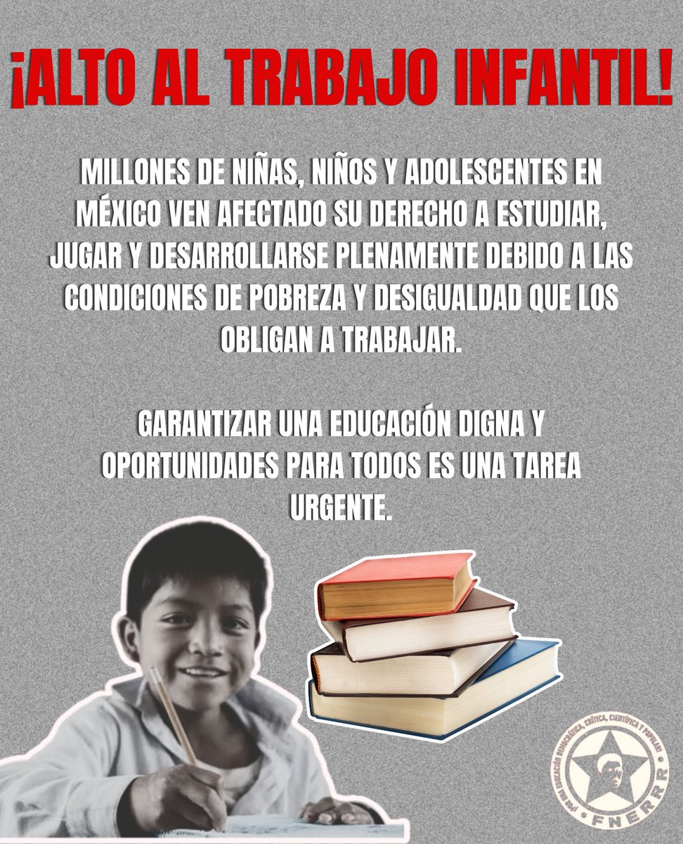FNERRR_EDOMEX's tweet photo. 🔴📣 En México, 3.7 millones de niñas, niños y adolescentes realizan trabajo infantil, una realidad que les arrebata oportunidades de estudio, desarrollo y bienestar.
Combatir este problema requiere garantizar educación de calidad, y mejores condiciones de vida para las familias https://t.co/JUzSA1VLNq