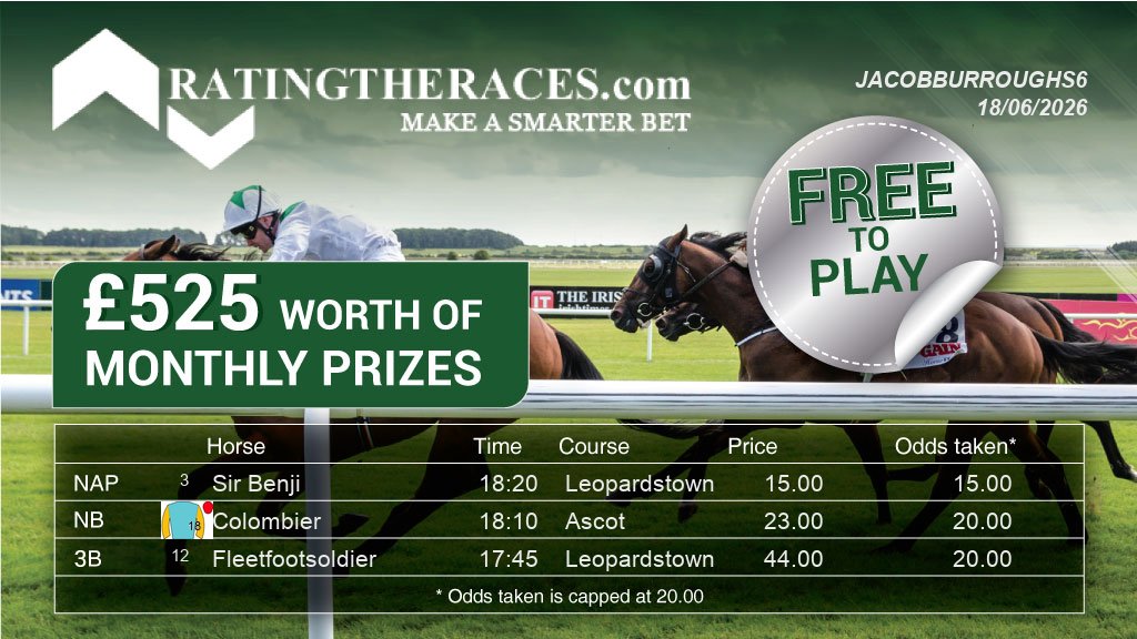 Jacobburroughs6's tweet photo. My #RTRNaps are:

Sir Benji @ 18:20
Colombier @ 18:10
Fleetfootsoldier @ 17:45

Sponsored by @RatingTheRaces - Enter for FREE here: https://t.co/9iBHFy7p08 https://t.co/rCB9OsizZU