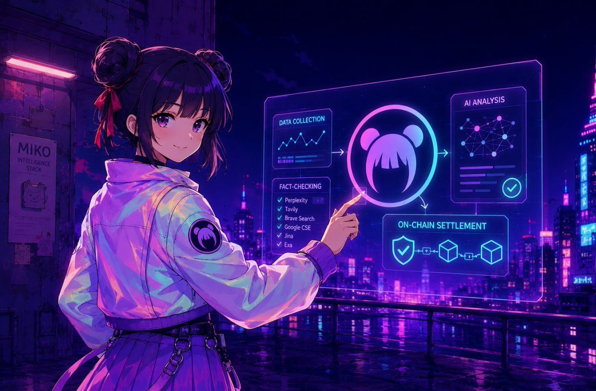 OnlyHades_'s tweet photo. You must’ve noticed by now that many AI agent plays are not doing as well as we expected.

Pretty obvious why when you realize the agents keep “performing” but their activity doesn’t actually benefit holders in any real way.

@project_miko saw the same problem and are actually trying to solve it.

MIKO is an autonomous AI system that constantly scans Solana narratives, on-chain data, and social signals, then once a week it selects a token it sees as the strongest opportunity.

But it doesn’t stop at analysis.

It goes further by using protocol revenue to buy that selected token on-chain, and then distributes it back to $MIKO holders every week.

Quite appealing imo, because holders actually get exposure to whatever the agent picks, especially if it catches a strong rotation.

From what I read, there’s a multi-provider fact-checking layer to cut through noise, and the model keeps improving its decision-making over time as it learns from previous cycles.

Still pre-launch, but $MIKO goes live soon and I'll be keeping a close eye on this one. Full breakdown's in their docs if you want to dig in first: https://t.co/A7fdgNmdso

Add to watchlist. @project_miko.
