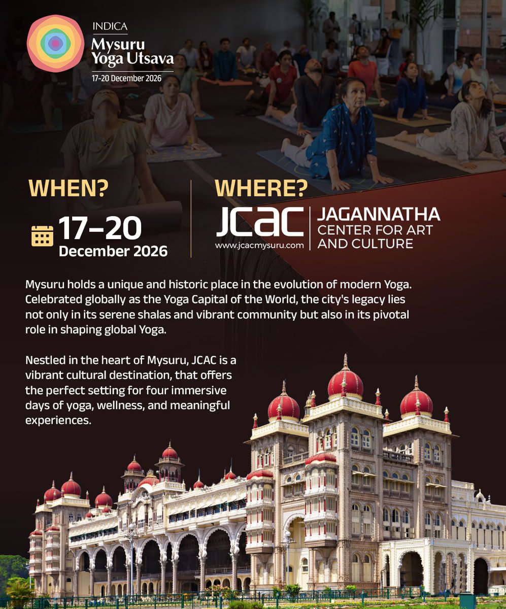 INDICAMYU's tweet photo. Get ready to secure your spot at Mysuru Yoga Utsava 2026.

Exclusive ticket offers begin from 21 June 2026 — including special launch and early-bird pricing.

📍 JCAC, Mysuru
📅 17–20 Dec 2026 

#MYU2026 #MysuruYogaUtsava #YogaFestival https://t.co/yiHUB7eNh1