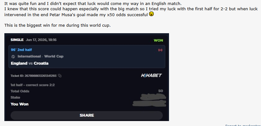 Kikabetcom's tweet photo. 🚨 BIG WIN ALERT 🚨
A Kikabet player just landed a x50 odds win betting on the 1st Half Correct Score 2:2 in England  vs Croatia !
Called it before kickoff, backed their read with conviction, and cashed in big 💰⚽
This World Cup keeps delivering — who's next? 🔥

#WorldCup2026 #Kikabet #BigWin