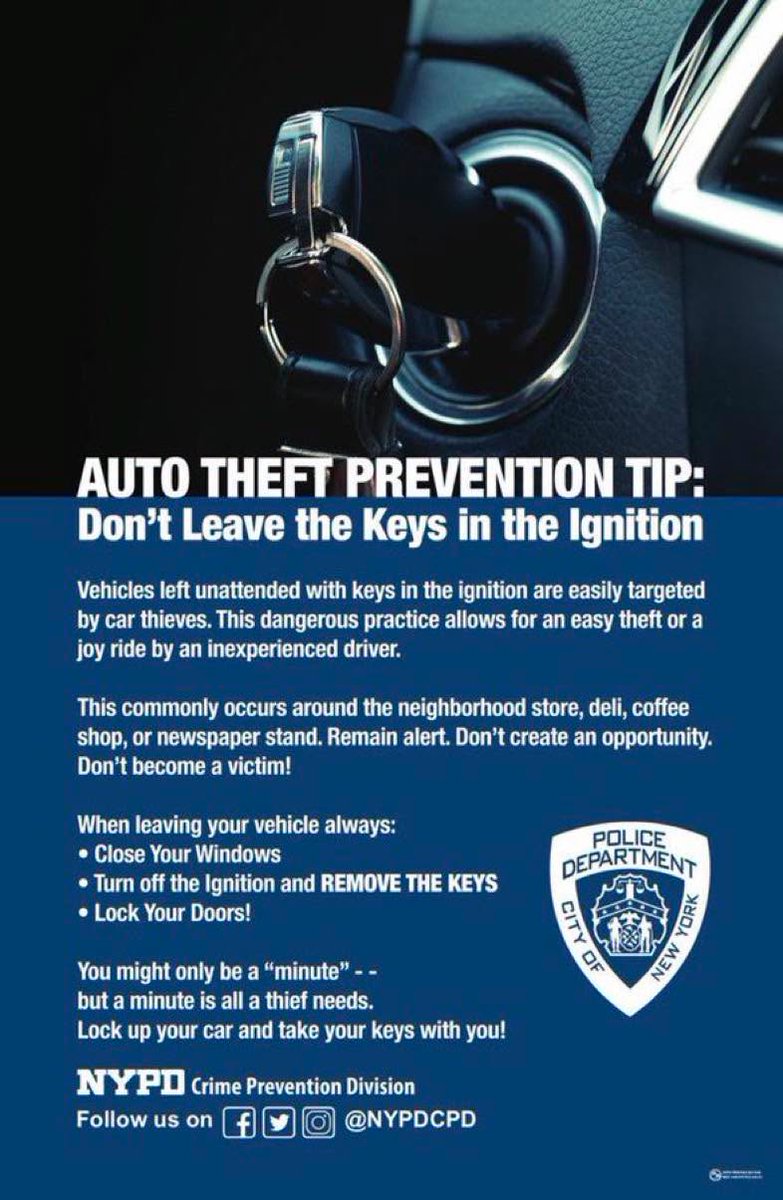NYPD73Pct's tweet photo. Never leave your car running unattended for even a minute. Close the windows, lock the doors and take the key with you. https://t.co/C450HvF55q