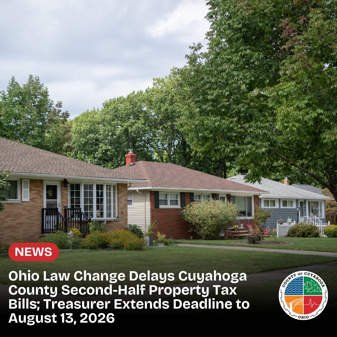CuyahogaCounty's tweet photo. Recent changes to Ohio law will delay Cuyahoga County’s second half property tax bills. To help ease the impact, the Cuyahoga County Treasurer’s Office will give taxpayers extra time to make their payments. Details: https://t.co/3ORRulpPb0 https://t.co/VZGXZYXNNI