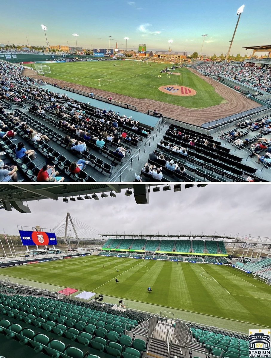StadiumVagabond's tweet photo. 🏟️ The Stadiums of the NWSL’s Kansas City Current ⚽️
📍 Legends Field, Kansas City, KS
📸 Circa 2021
⚽️ Home of the Current during early seasons
💺 Capacity: 10,385
📍 CPKC Stadium, Kansas City, MO
📸 Circa 2025
✨ Opened: 2024
💺 Capacity: 11,500
#KansasCityCurrent #NWSL https://t.co/0eKGetRDp4