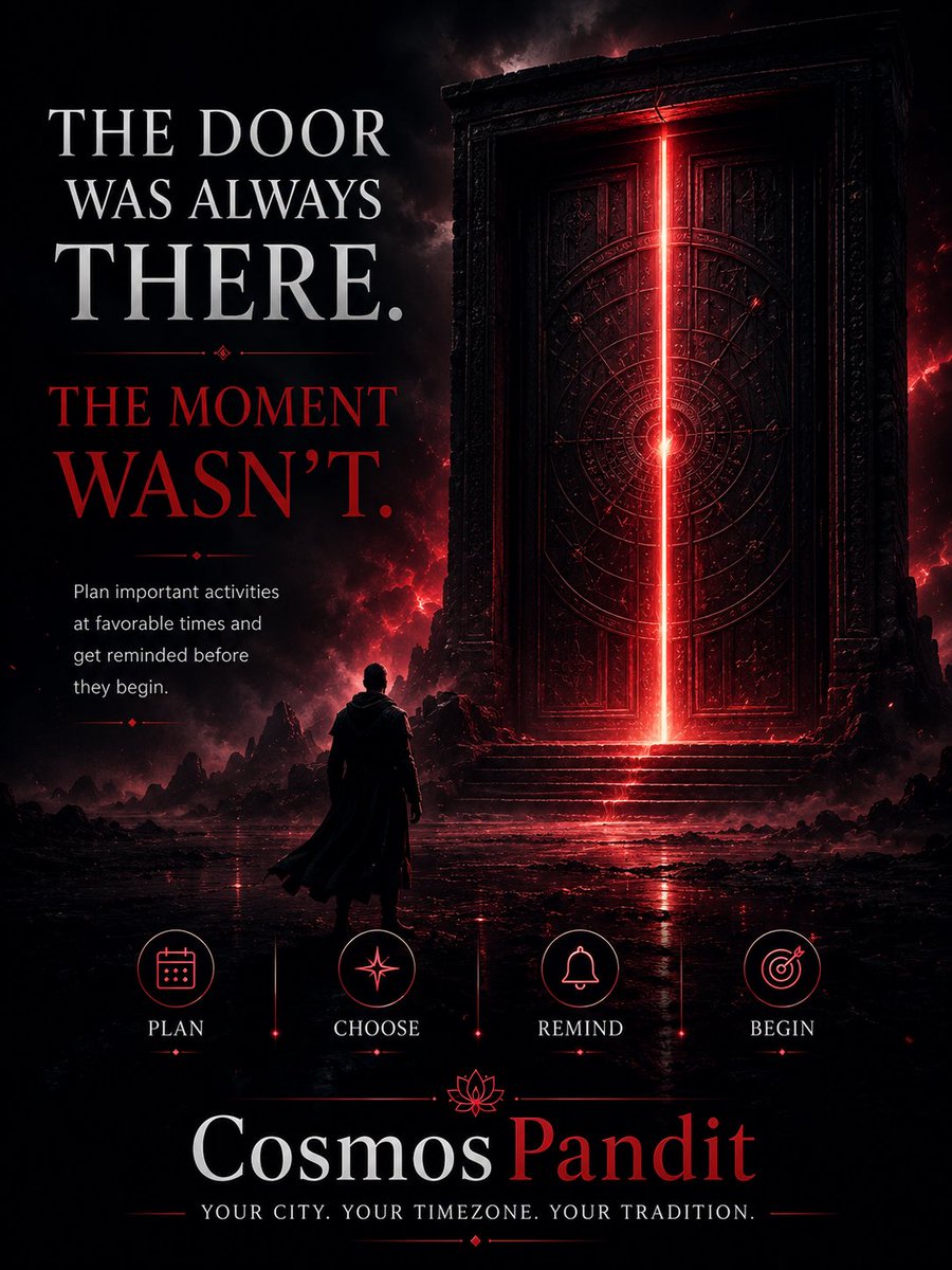 cosmospandit's tweet photo. 🚪 The door was always there.

The moment wasn’t.

Some opportunities need preparation.

Others need timing.

Find favorable timings, save important plans, and get reminded before the moment arrives.

🌐 https://t.co/6IuBMjPI7S

#CosmosPandit #Muhurat https://t.co/q8uN4pchNY