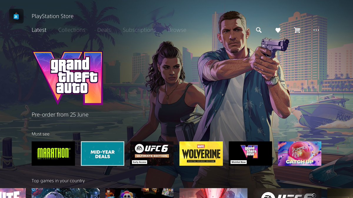 GTASixInfo's tweet photo. GTA 6’s PlayStation Store page has now been updated to show “Pre-order from 25 June.” https://t.co/iqAxyFIMb8