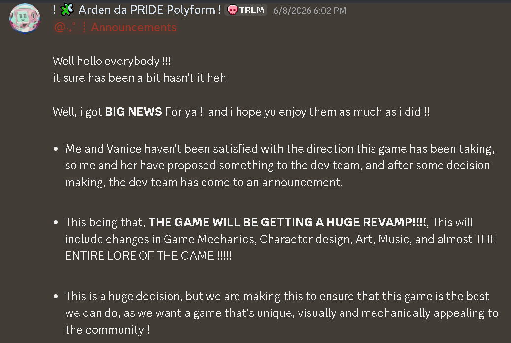 CORROSION95RBX's tweet photo. As of now, The game is currently going through a huge revamp.

This means that most content shown on our posts is scrapped, not the characters themselves, just their designs and lore.

We made an announcement on our discord server about it, linked below.

https://t.co/viBXAGKcPb https://t.co/08nNfY1gSe