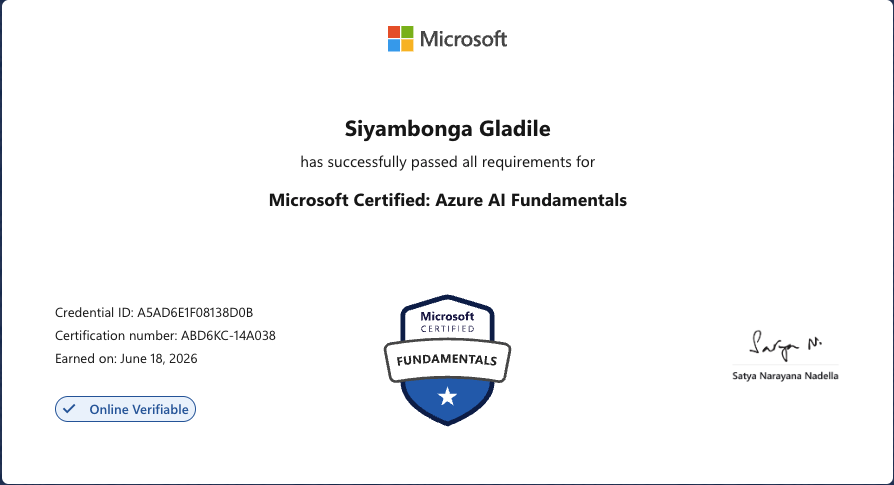 siya_gladile's tweet photo. Microsoft Azure AI Fundamentals (AI-901) certified!!! 😆 https://t.co/kZJHA7XzSg