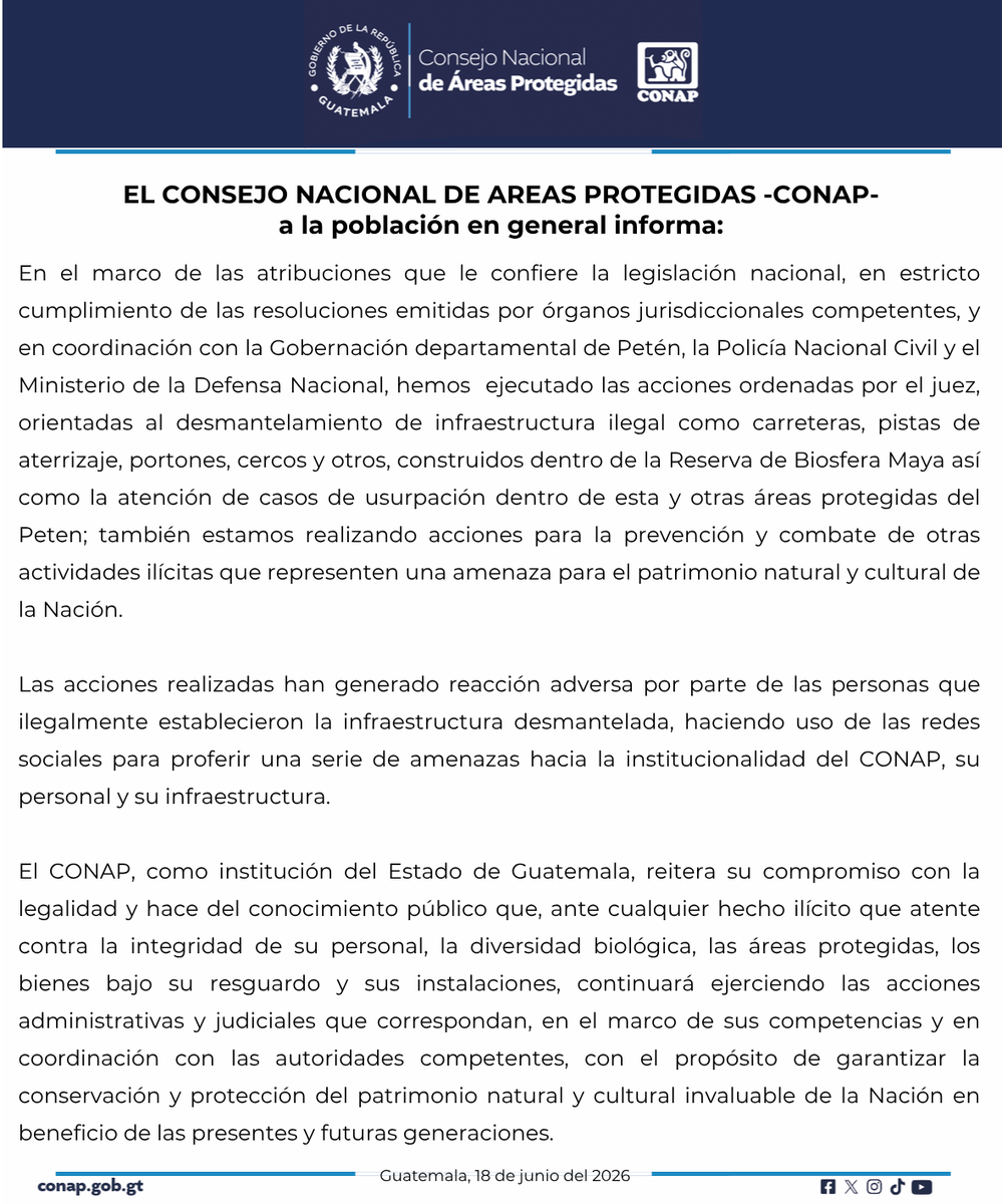 CONAPgt's tweet photo. El CONAP informa a la población sobre acciones en cumplimiento de resoluciones judiciales y en coordinación con las instituciones competentes para proteger las áreas protegidas y el patrimonio natural y cultural de Guatemala. #RBM
Conozca el comunicado oficial 👇 https://t.co/5kgrhodYya