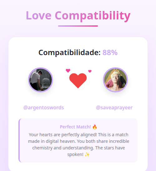 argentoswords's tweet photo. Minha compatibilidade amorosa com @saveaprayeer é 88%

➡️ https://t.co/qdtq79MusG https://t.co/nIDpBQBHnW