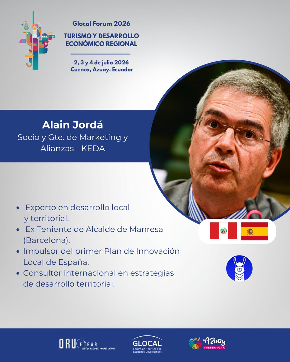 glocalforum's tweet photo. Una de las voces que formará parte del Glocal Forum 2026 será Alain Jordá. Experto en desarrollo territorial, ha acompañado a ciudades y regiones de América Latina y Europa en la definición de estrategias para impulsar la innovación, la competitividad y el desarrollo sostenible. https://t.co/2ZoeLiCkBi