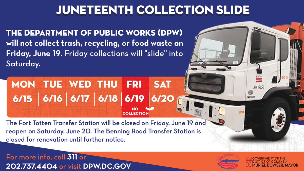 DCDPW's tweet photo. Reminder: Tomorrow, June 19th, household trash, recycling, and food waste collection will operate on a slide schedule in observance of the Juneteenth Holiday. Households that normally receive trash, recycling, and food waste collections on Friday, June 19, will be serviced on Saturday, June 20.