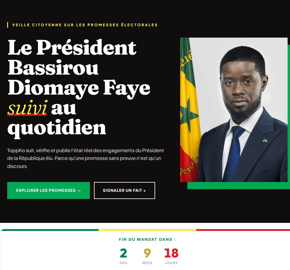 ViePubliqueSN's tweet photo. 📊 Où en sont les engagements pris devant les Sénégalais ?

Avec la plateforme TOPP KO, les citoyens peuvent suivre plus de 350 promesses électorales du président Diomaye FAYE, consulter l’état d’avancement et de contribuer au suivi citoyen à travers des évaluations et commentaires.

➡️ https://t.co/1zEszKu4Fm

🤝 Une initiative citoyenne portée par l'association Wa Mbed Mi et @SenegalVote pour promouvoir la transparence, la redevabilité et la participation citoyenne.