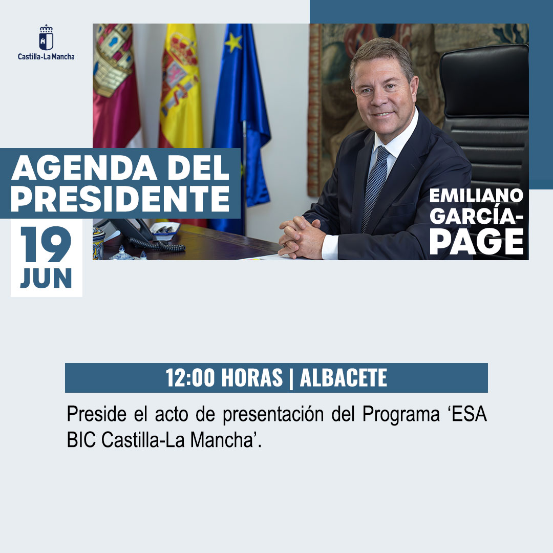 gobjccm's tweet photo. 📅 Esta es la agenda informativa del presidente de #CLM, @garciapage, prevista para hoy viernes, 19 de junio. https://t.co/PmZvc2pweU