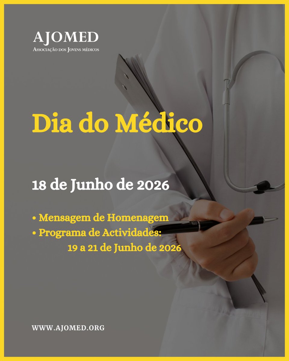 AJOMED's tweet photo. Dia do Médico

• Hoje, 18 de junho de 2026, assinala-se em Portugal o Dia do Médico, uma data dedicada a reconhecer todos os médicos que, com conhecimento, dedicação e humanidade, colocam diariamente a saúde das pessoas no centro da sua missão. https://t.co/Rxd35voyGd
