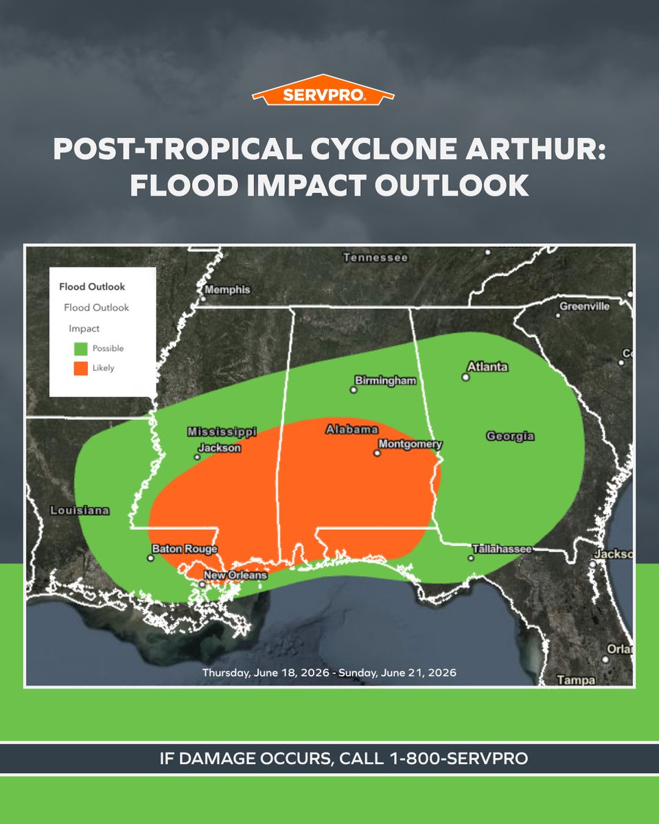 SERVPRO's tweet photo. Arthur has transitioned to a post-tropical cyclone, but the flood threat isn't over.
 
Heavy rainfall is expected across parts of the Southeast through the end of the week as tropical moisture combines with a stalled weather system. Several days of intense rain could lead to rising water levels, flash flooding, and water damage in some areas.
 
If storm or flood damage impacts your property, your local SERVPRO franchise is ready to help with emergency cleanup, water mitigation, and restoration services. Call 1-800-SERVPRO.