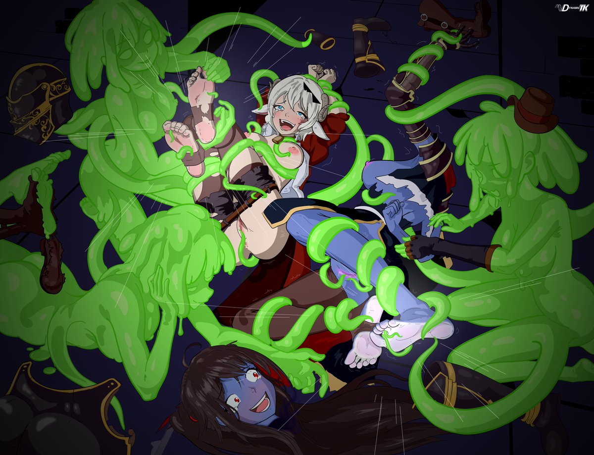 dynamic_tk's tweet photo. Commission from LoSu-chan (check him out on dA ;D)  -  OCs LoSu and Heidy run into not one but THREE rather powerful Slimegirls... and it looks like our two adventurers are ticklish everywhere😔 https://t.co/PkWWJ8BewR