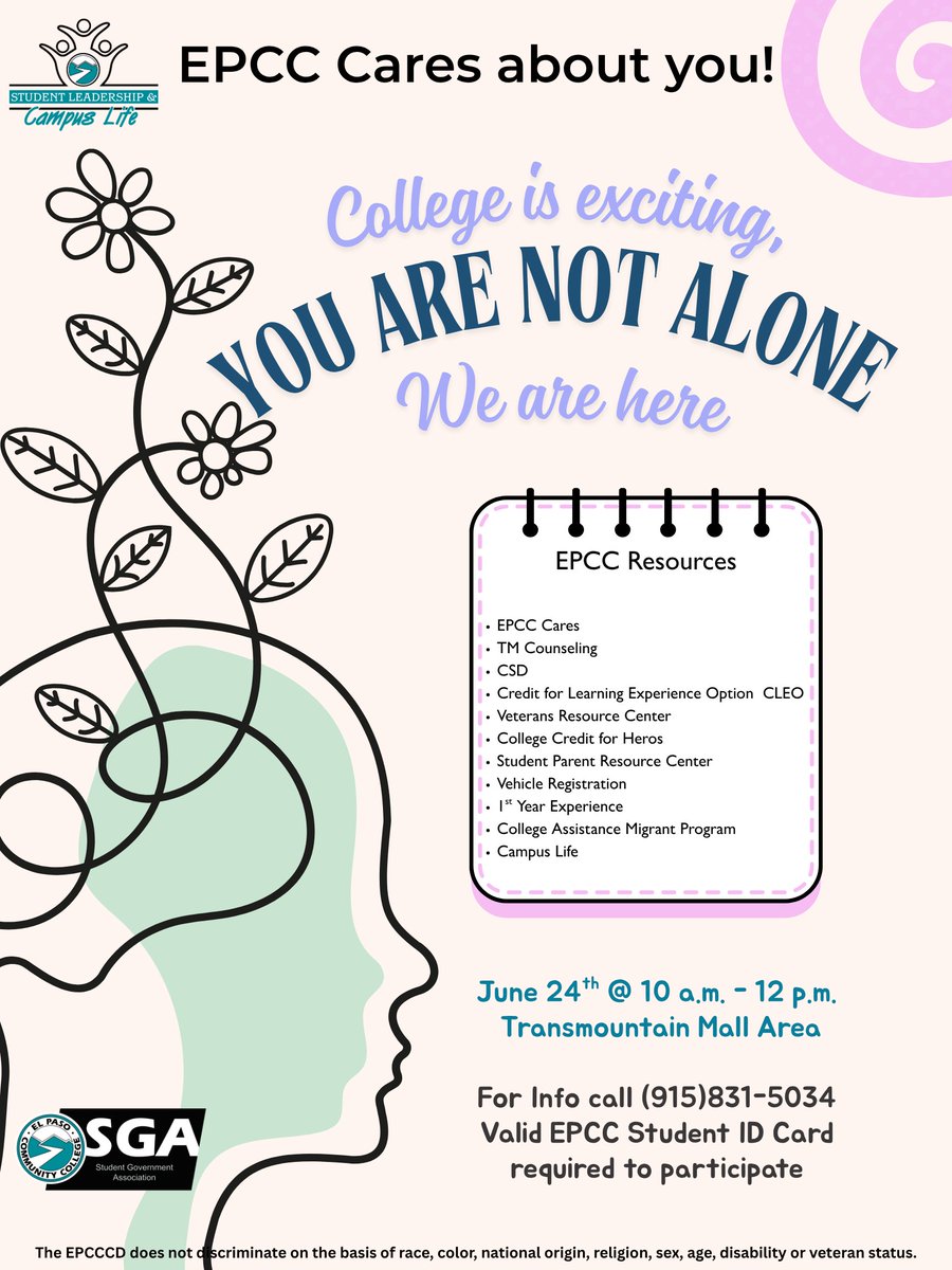 EPCCNews's tweet photo. Join EPCC for a Resource Fair on June 24 from 10:00 a.m. - 12:00 p.m. at the Transmountain Campus. For more info call (915) 831-5034.
@EPCCRecruitment
#EPCCpride https://t.co/3pASQlkWDY