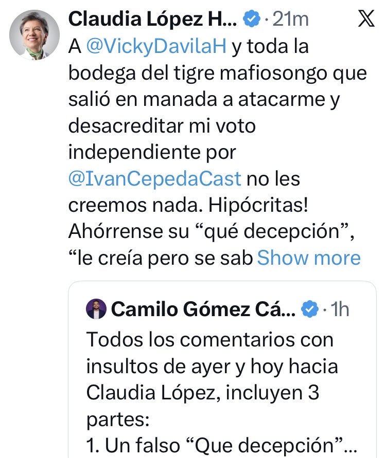 Rebelde41856058's tweet photo. @ClaudiaLopez @VickyDavilaH @IvanCepedaCast Estoy feliz de que Claudia se haya quemado políticamente.

Que mujer tan rastrera y desagradable.

Una zurda y politiquera acomodada.

Es feliz haciendo politica difamando y hablando pestes de los demás.

La gente ya se dio cuenta de lo horripilante que es esta “tipa”. https://t.co/pTJM6iKwLI