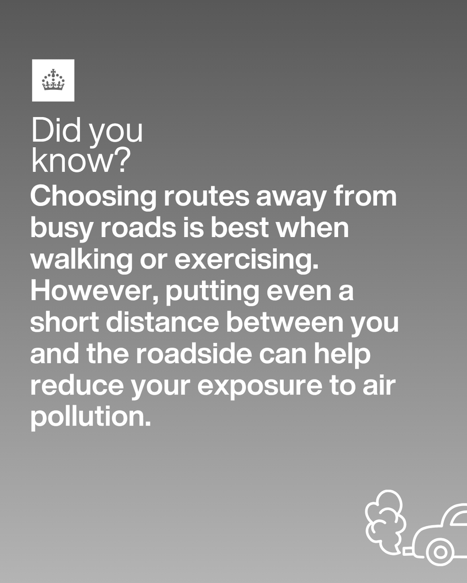 Did you know? Choosing routes away from busy roads is best when walking or exercising. However, putting even a short distance between you and the roadside can help reduce your exposure to air pollution.