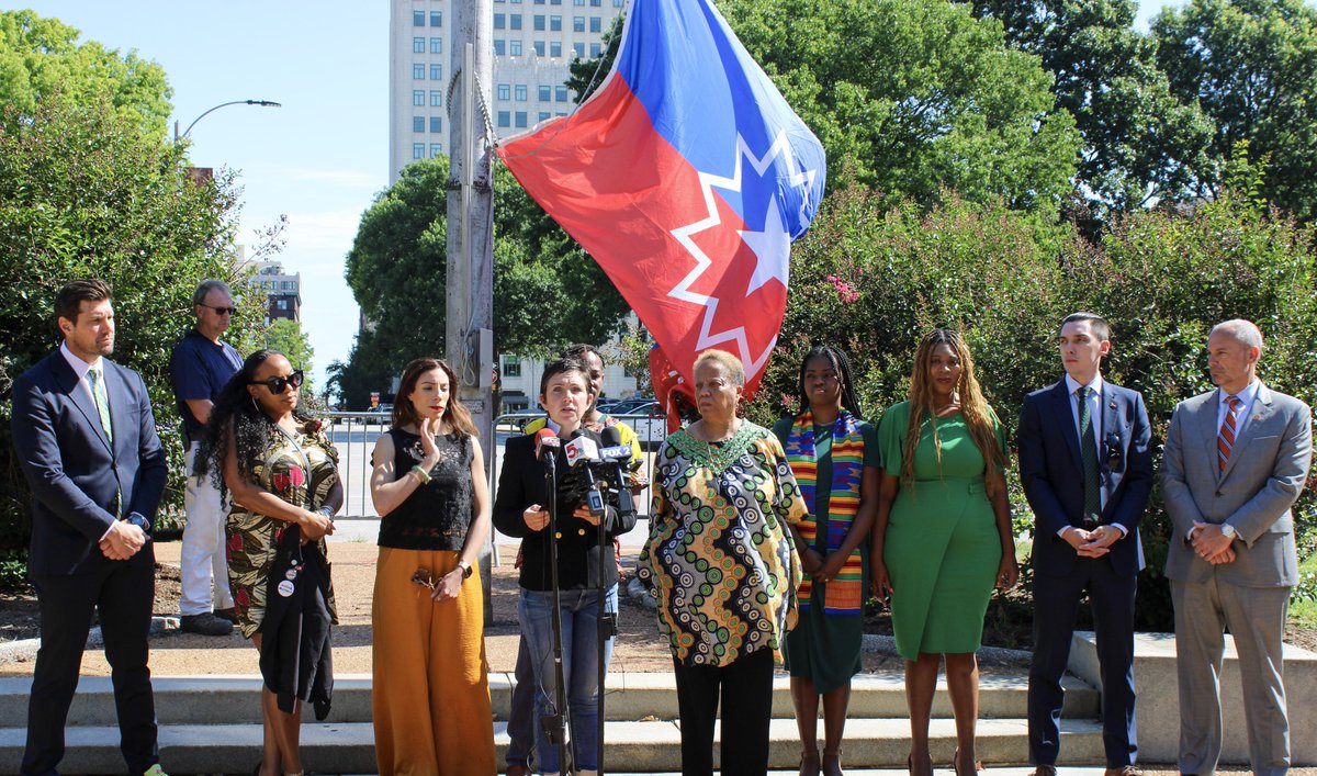 STLCityGov's tweet photo. The City of St. Louis proudly raised the Juneteenth Flag today, a vibrant symbol of freedom, resilience, and hope that echoes across generations. https://t.co/npL55tkMuM