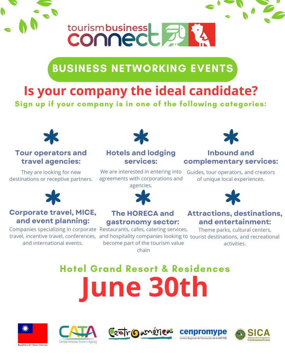 CATA_AgenciaCA's tweet photo. Te invitamos a participar en las Ruedas de Negocios de Tourism Business Connect, un espacio que reunirá a empresas de alojamiento, operadores turísticos, agencias de viajes, servicios receptivos, gastronomía, turismo MICE, atracciones y otros segmentos estratégicos.

📍 Guatemala | Westin Camino Real Hotel
🗓️ 02 de julio

Actividad organizada por CENPROMYPE, en colaboración con CATA, con el apoyo de la República de China (Taiwán) 🇹🇼.