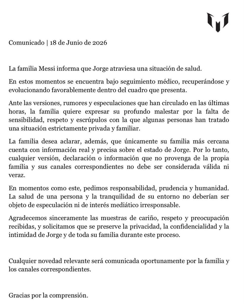 AgenciaDib's tweet photo. 📢 La familia de Lionel Messi confirmó que Jorge Messi, padre del capitán argentino, atraviesa una enfermedad y se encuentra bajo tratamiento médico.  

Además, pidió responsabilidad y prudencia al momento de difundir información sobre su estado de salud. https://t.co/JUDlIreXi2