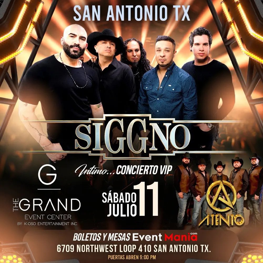 EventmaniaTix's tweet photo. 📍 San Antonio, TX!
🎶 Grupo Siggno y Grupo Atento!
🗓️ Sabado 11 de Julio en The GRAND EVENT Center!
🎟️ Mesas y boletos aqui: https://t.co/KIY2LAT36s
❤️🔥 Un concierto intimo! #eventmania https://t.co/UXPHlOtkKL