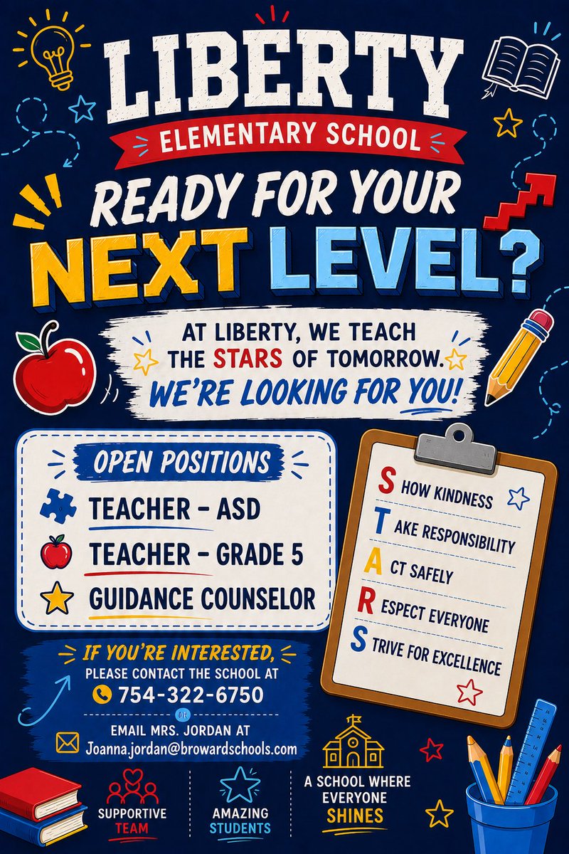 LibertyElSchool's tweet photo. Want to soar high with the Liberty Eagles? Soar to the stars and BEYOND with us!
We are now hiring the following positions:
โญ๏ธ Teacher โ ASD
๐ Teacher โ 5th Grade
๐ Guidance Counselor
Come shine with us!
@browardschools @browardk12teach @BCPSNorthRegion @HowardHepburn #BCPS https://t.co/MKcif4526D