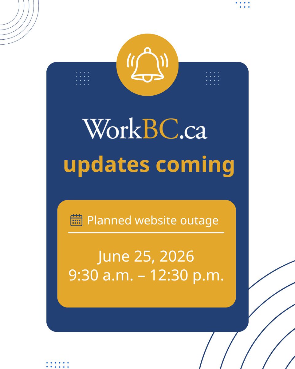 WorkBC's tweet photo. https://t.co/4ALWT9RAIJ and the Job Board will be temporarily unavailable from 9:30 a.m. โ 12:30 p.m. on Thursday, June 25 while we make updates to enhance navigation and usability. Learn more: https://t.co/GiwnlSltn3
#WorkBC #WorkBCUpdates https://t.co/iaVtpLLaAb