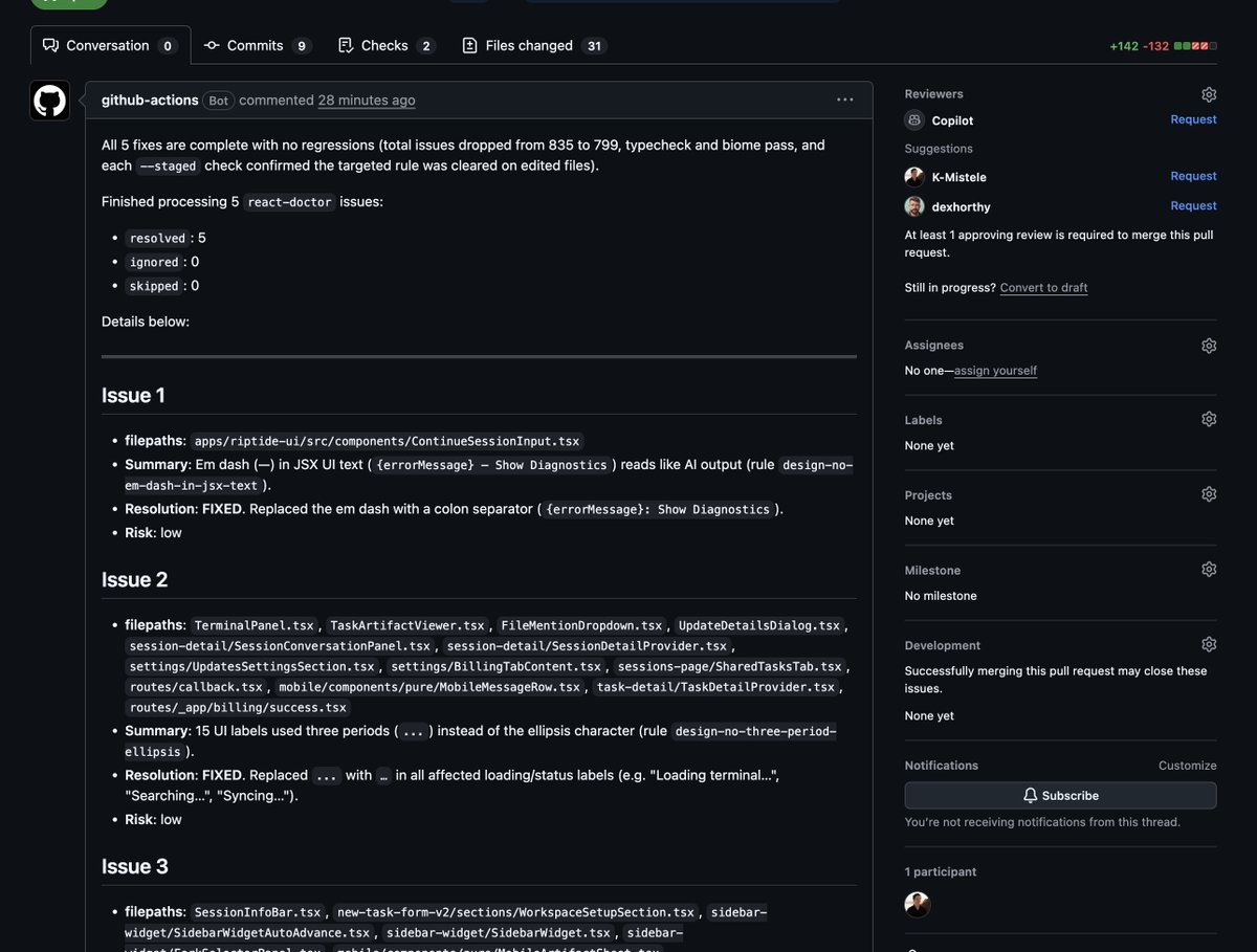 0xblacklight's tweet photo. lots of folks have been talking about loops lately

most loops suck 

here's a practical one we actually use 

agents suck at writing react

react-doctor by @aidenybai is our favorite way to deal with this

you could run it and use a ralph loop to fix everything 

but I'm not reading a +80k/-80k PR (and neither is @dexhorthy) 

But I can read a small one first thing every morning when i get into the office

here's what we do: 

run react-doctor in CI once daily at 7am (github actions-as-a-sandbox btw) 

agent picks top 5 issues, fixes them, and opens a PR

other CI jobs check for regressions on every PR 

we can't realistically fix everything at once

but we can keep it from getting worse

and make it 1% better every day