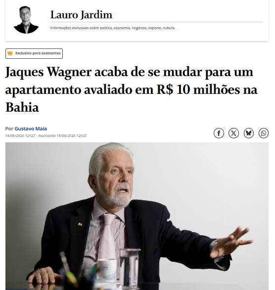 BrazilenDireita's tweet photo. 🚨BOMBA!
"Jaques #Wagner acaba de se mudar para um apartamento avaliado em R$ 10 milhões na #Bahia" https://t.co/8hP3MDCZU0