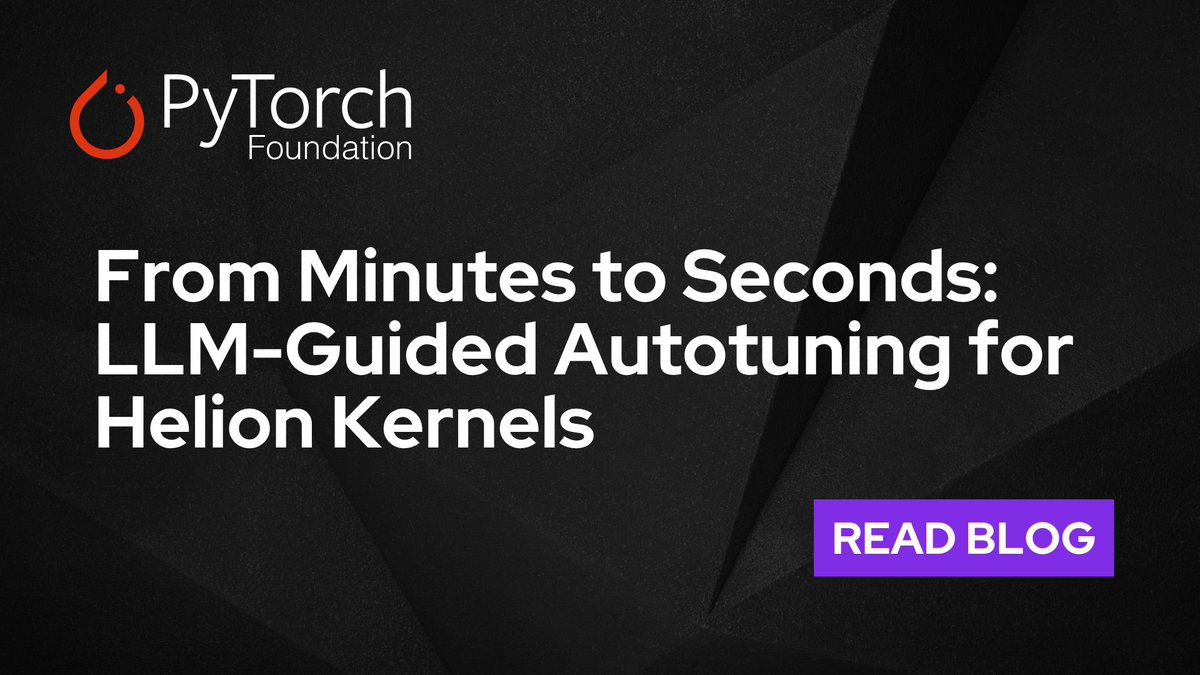 PyTorch's tweet photo. Autotuning is the backbone of Helion, PyTorch's DSL for performance portable ML kernels. Currently Helion searches utilize Likelihood-Free Bayesian Optimization (LFBO) to find the most performant configs. While LFBO works well, it requires grinding through hundreds of compile-and-benchmark cycles per kernel.

What if, instead of starting the search blindly, you could ask an LLM to reason about the kernel and propose configurations?

In this blog, we look at how LLM-guided autotuning is a practical approach to dramatically faster kernel tuning at production quality.

Click the link in the comments section to learn more.  

@JongsokC @oguz_ulgen